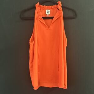 Anne Klein Women's Sleeveless Top M Orange Ruffle Collar V-Neck Pullover Blouse